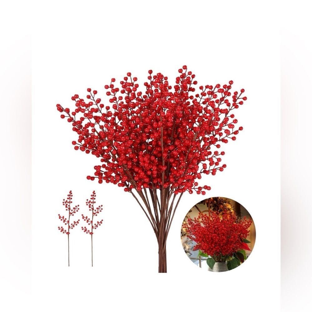 22 Pcs Berry Stems 26 Inch Red Picks - Picture 2 of 9
